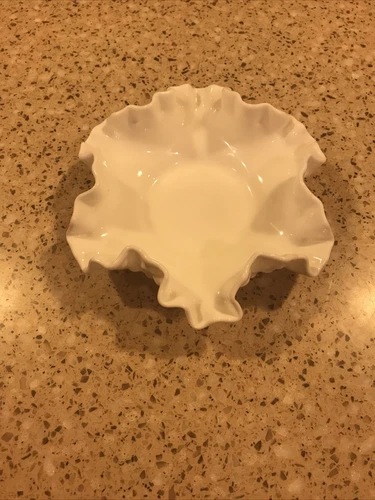 Fenton White Milk Glass Hobnail Ruffle Crimped Trinket BonBon Nut Candy Dish Vtg