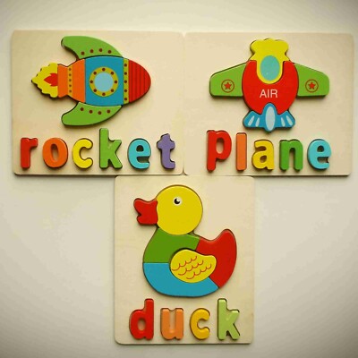 3 PEICE Early learning wooden word and image puzzle BUNDLE