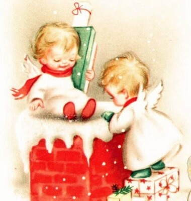 Set of TWO 5x5 Vintage Christmas Angels on a Chimney Handmade Fabric Blocks