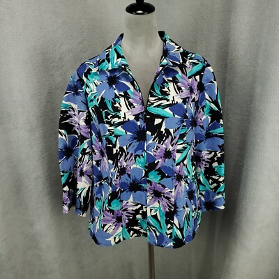 Dress Barn Jacket Womens 14W Full Zip Floral Turquoise Blue Purple Plus  Size