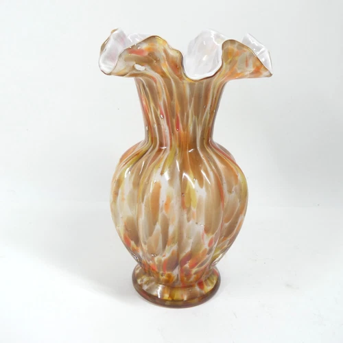 Fenton Vase Murrhina Autumn 7.5" Vintage Brown Orange White Ruffle