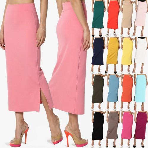 TheMogan Womens Side Slit High Waist Stretch Knit Mid Calf Long Pencil Skirt - Picture 1 of 194