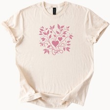 Floral Heart Tee Women's Graphic T Shirt Pink Leaves Love Design