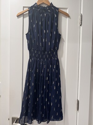 EUC Rebecca Taylor Dress Navy Blue w/ Silver And Gold Accent Size 0 | eBay