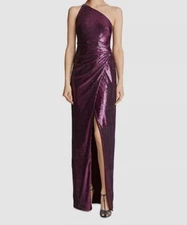 $596 Halston Women's Purple Adriana Sequined One Shoulder Gown Dress Size 10