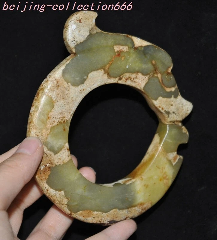 China Dinastía Han Hetian Antiguo jade FengShui animal Dragón Gancho sacrificio Yubi Bi Foto 3 de 4