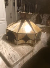 Vintage Tiffany Style MCM 1960 Slag Glass Hanging Lamp Chandelier  Large