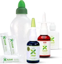 Xlear Allergy Relief Kit, Xylitol Nasal Spray, Rinse Neti Pot, 50 Refill Packets