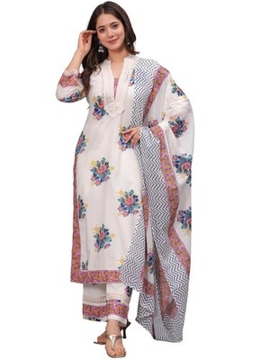 Women's Pure Cotton Printed Straight Kurta Set with Palazzo Pants & Dupatta
