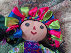 Handmade Mexican Lele Maria Rag Doll Black Hair Pink Green & Blue Ribbons — photo 5