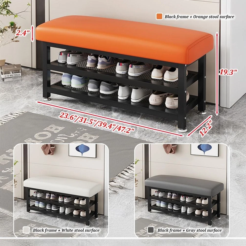 2-Tier Shoes Storage Cabinet Bench PU Leather Cover Shoe Rack Organizer Entryway - Image 2 of 4