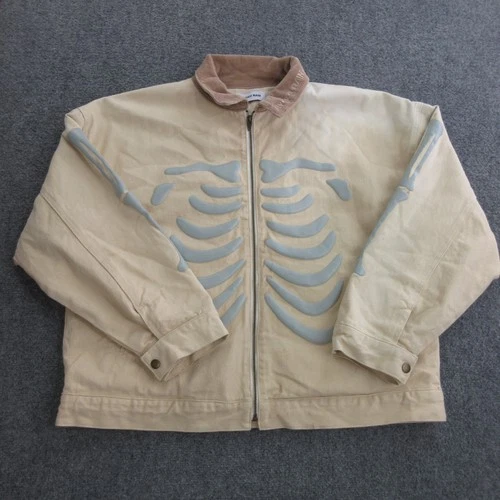 Ryoko Rain Jacket Mens Medium Beige Canvas Skeleton Graphic Full Zip Halloween - product listing photo