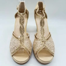 Top Moda Sandal Womens 10 Beige Rhinestone Strappy Lace Sandal NEW