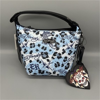 Ed Hardy Blue/Black Leopard Animal Print Small Top Handle Bag Skull Charm Zip