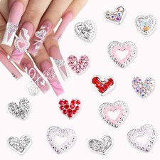 15Pcs Heart Nail Charms 3D Silver Nail Art Charms and Gems Luxury Heart Rhine...
