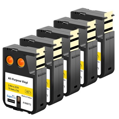 19mm 1868772 Vinyl Label Tape for DYMO XTL-300 XTL-500 Black on Yellow 5pk