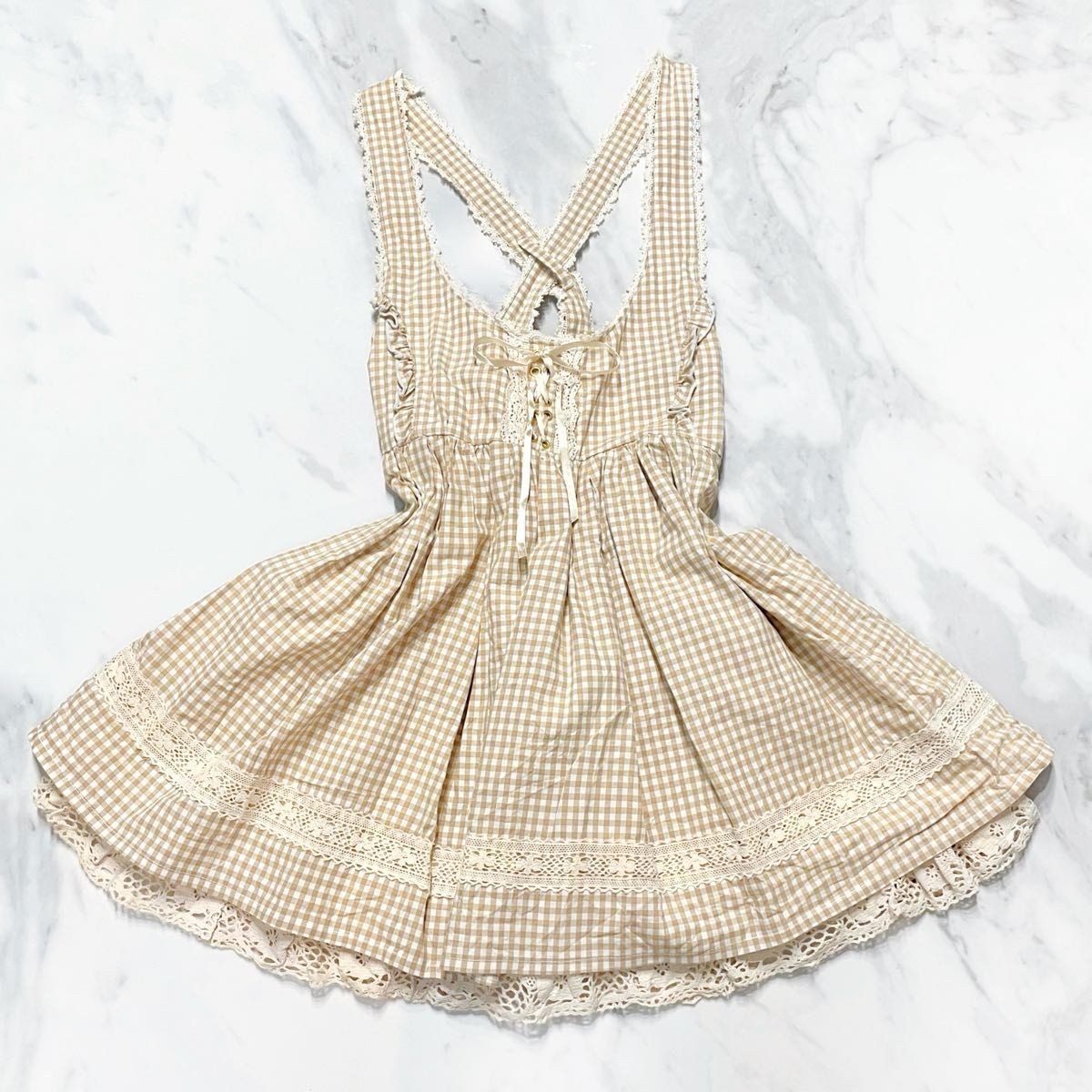 00s 希少 LIZLISA 起毛チェック柄シャーリングミニワンピ 姫カジ LIZ LISA Gingham Check Maid-Style Jumper Dress Frill Skirt 2000s