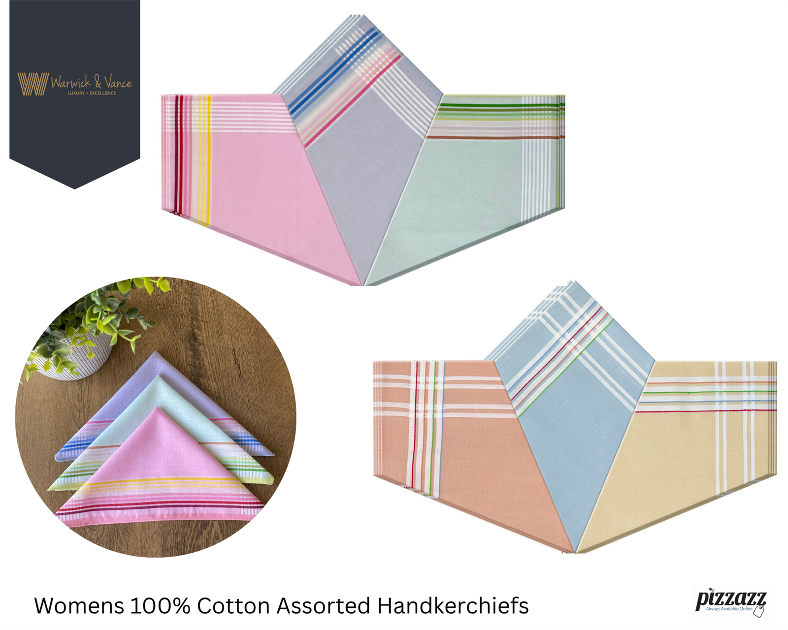 Ladies Handkerchiefs 100% Cotton Assorted Colours Plain Hankies 12 Pack