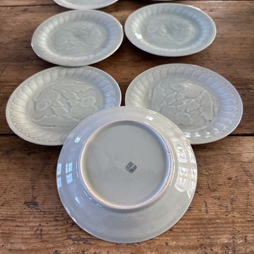 SEVEN Longquan Koi Fish and Lotus Celadon Green 7 Inch Salad / Dessert Plates - Picture 4 of 5