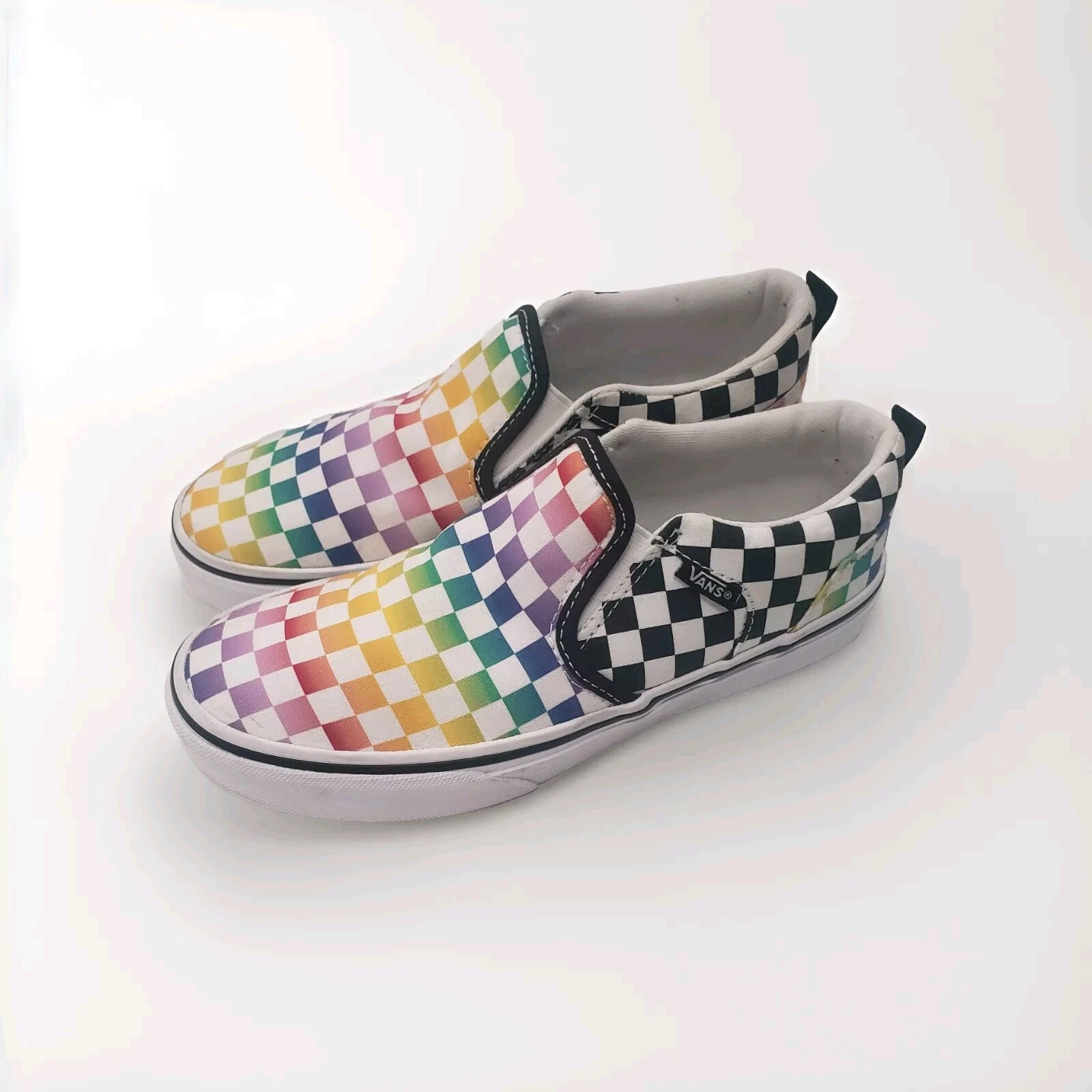 Scarpe Vans slip on (scacchiera) bianco arcobaleno bambini Missy taglia 4 usate in ottime condizioni