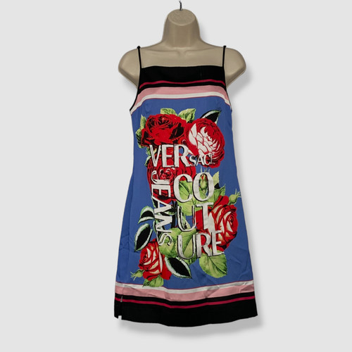 Versace Jeans Couture Women's Blue Satin Floral Logo Envers Dress Size 10
