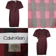 Calvin Klein Sheath Dress Size 4 SS Knee Length Back Zip Red Plaid Stretch New