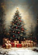 CHRISTMAS TREE PRESENTS ART PRINT, Winter Decor Holiday Painting Poster E826