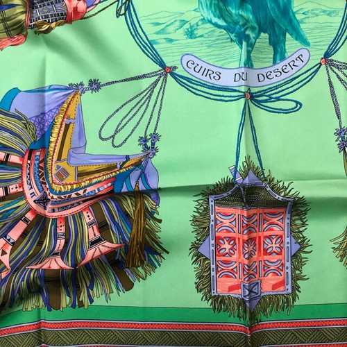 Hermes Scarf Cuirs du Desert 90 cm Silk green Carre leather accessory 35" - Picture 3 of 3