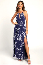 Lulus First Blossoms Navy Blue Floral Print Halter Maxi Dress XS NWT