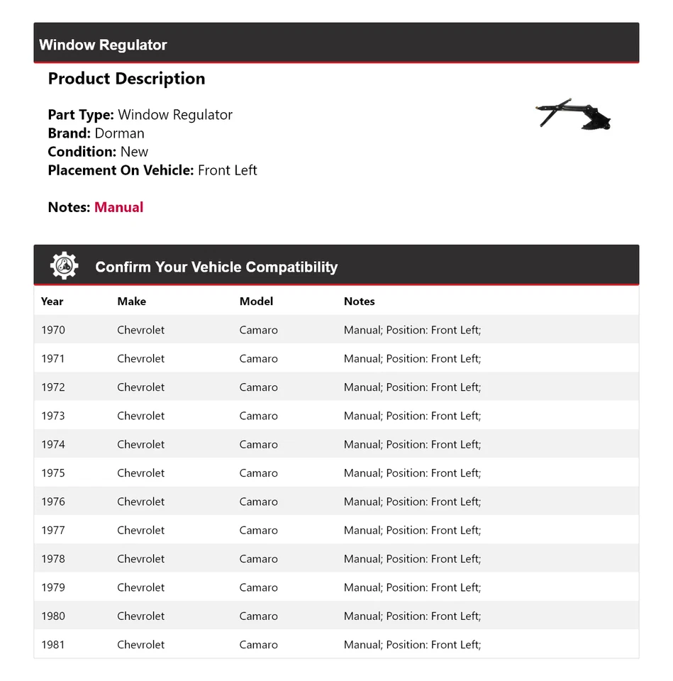 Regulador de ventana delantero izquierdo Chevrolet Camaro Dorman 1970-1981 1971 1972 1973 Foto 2 de 4