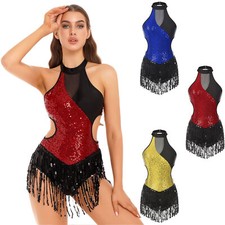 Womens Dancewear Patchwork Bodysuit Sequin Leotard Rumba Sport Tango Costume