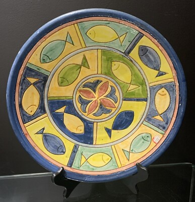 Vintage handbemalte Kunst Schale Ladegerät flache Schale Wandteller Deko Fisch