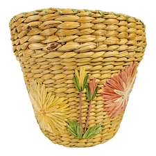 Vintage Boho Wicker Rattan Woven Floral Basket 9" Crewel Embroidered Cottagecore