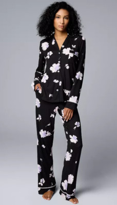 VERA WANG BLACK & Lt PURPLE Floral Print PAJAMA SET Pants & Top  Misses XLT  NWT