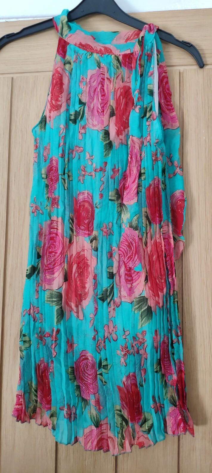 Turquoise Floral Pleated Shimmer Lined Tunic Blouse Size 8