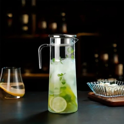 Glaskaraffe mit Deckel Wasserkrug Saftkaraffe Kühlschrankkrug Karaffe 1600ml - Bild 2 von 6