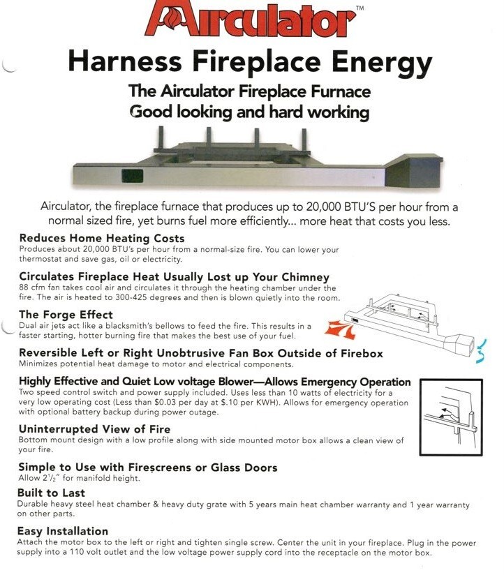 Airculator Masonry Wood Fireplace Blower Heat Exchanger Add 20K Btu's HE13901