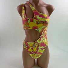 Frankies Bikinis One Piece One Shoulder Floral Open Cut Swimsuit  Size L  NWT