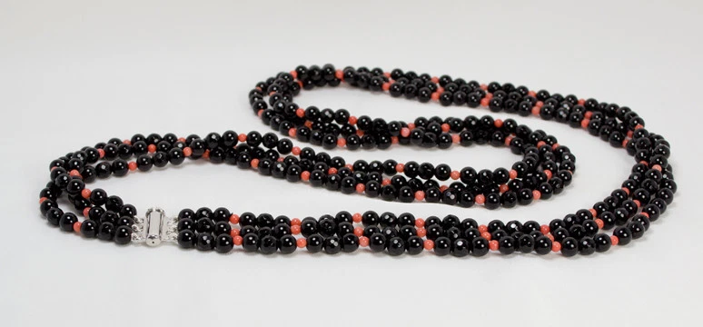 Collar Largo En Plata 925 Con Ónix Facetado Y Coral Sciacca - Agln 0136- - Imagen 2 de 3