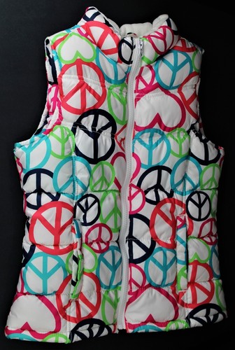 Old Navy White Peace Signs Vest Child XL Size 14 Blue Green Red Orange Turquoise