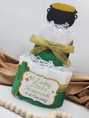 Torta e set di pannolini a 3 livelli - Un piccolo trifoglio fortunato è in arrivo! Tema bambino - Foto 30 di 31