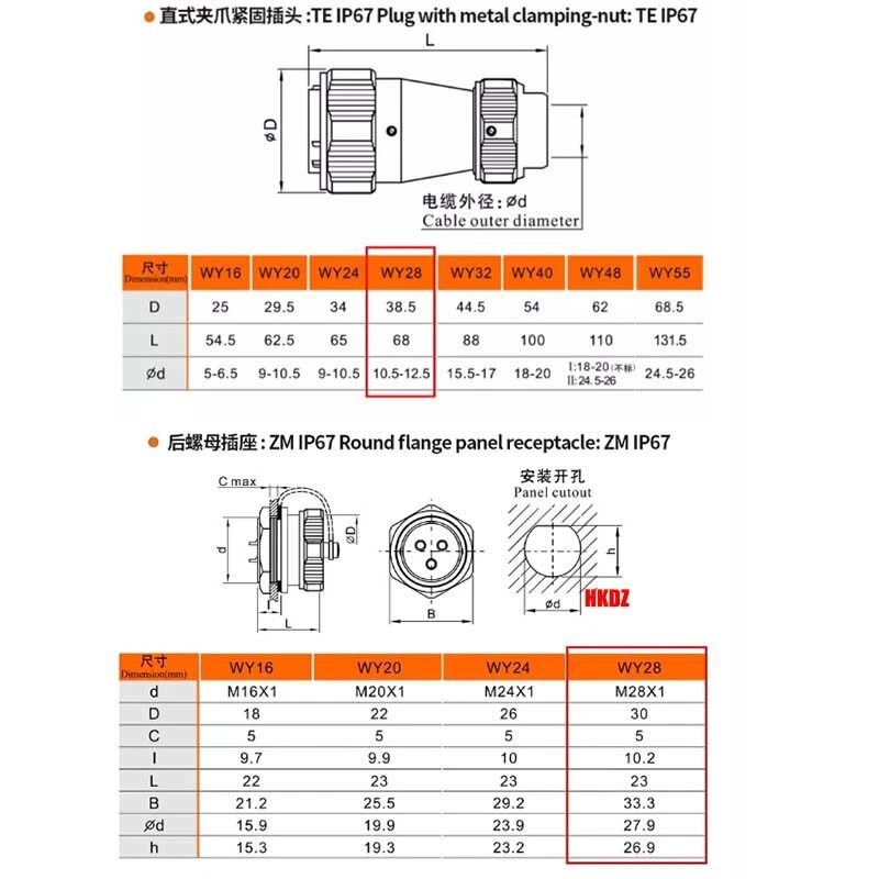 WY28 TE+ZM Aviation Plugs Nut Sockets IP67 Waterproof Connector 2 3 4 7~26 Pins - Image 4 of 4