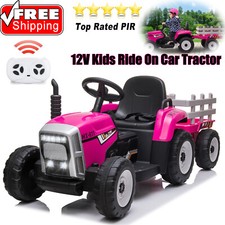 12V Kids Ride On Car Electric Tractor Rechargeable Toy Car w/ Trailer LED Lights