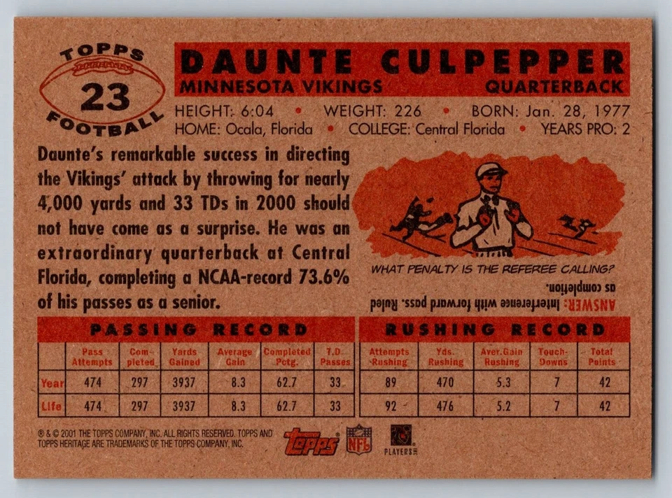 2001 Topps Heritage #23 Daunte Culpepper Minnesota Vikings - Image 2 of 2