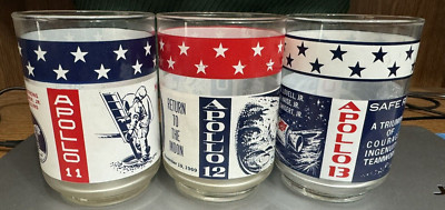 Vintage NASA Apollo 11-12-13 Man On The Moon Drinking Glasses 1969 Set of 3 