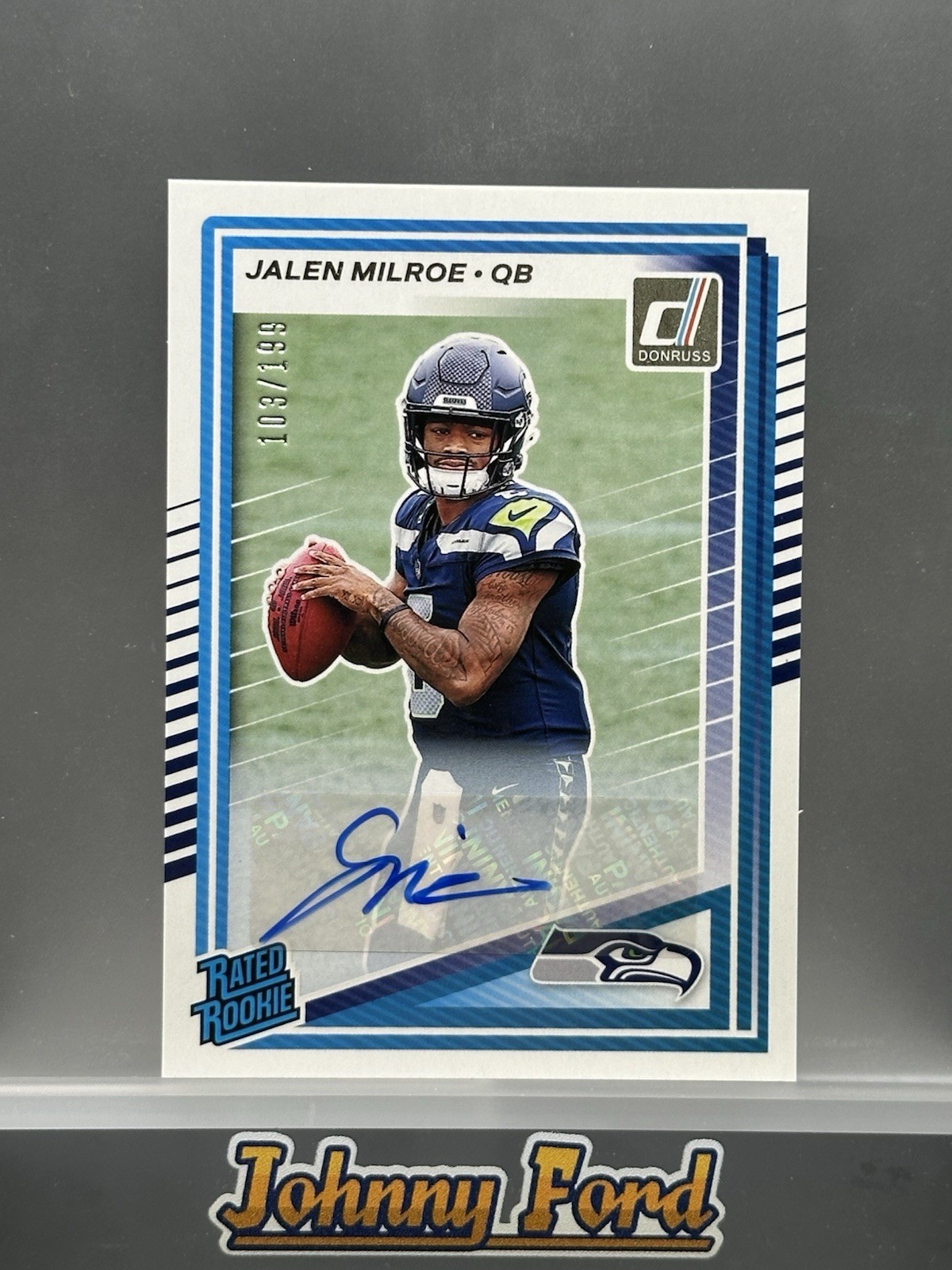 2025 Panini Donruss #307 Jalen Milroe Rated Rookie Auto 103/199 Seattle Seahawks