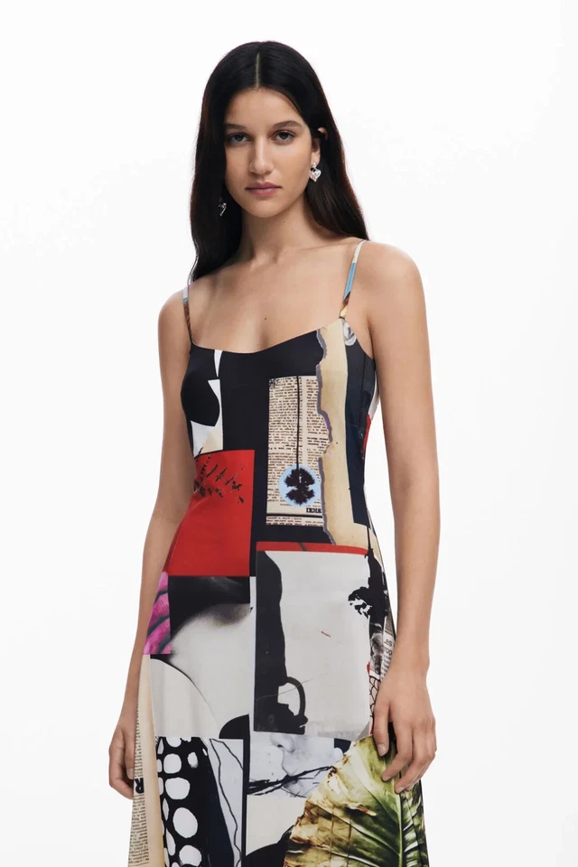 Новый, желательный пэчворк печать скольжения Midi платье в черный размер L #MD0131 - Изображение 3 из 4