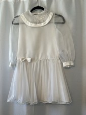 VTG Girls 7 Dress White Communion Flower Girl Bow embroidered drop waist Flaw