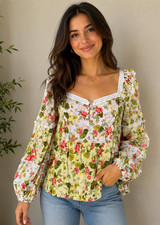 Farm Rio Womens Floral Long Sleeve Lace Ruffle Trim Blouse Multicolor Sz Petite