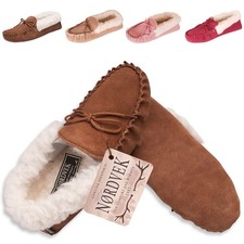 Image of Womens Sheepskin Suede Leather Moccasin Slippers Soft Suede Sole 